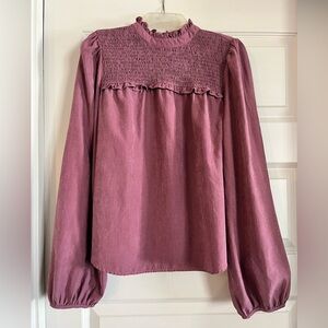 Smocked Yoke Ruffle Long-Sleeve Blouse - Dusty Rose